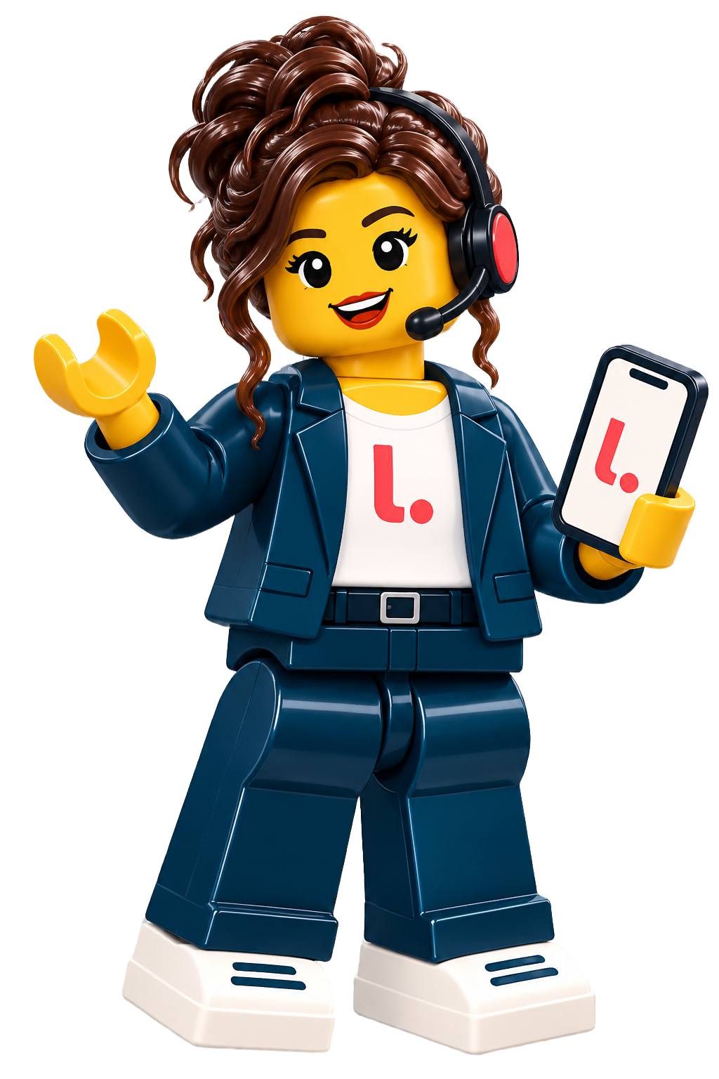 Lily wearing a headset and holding a phone